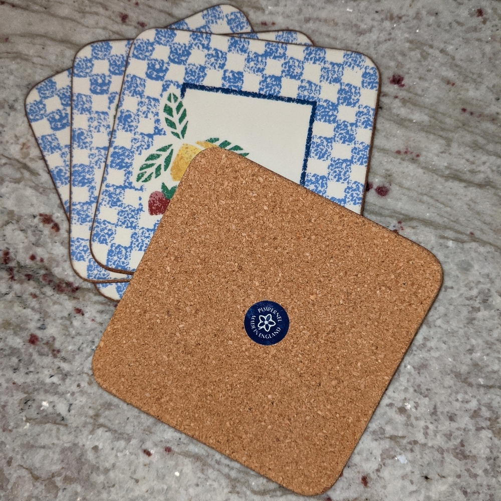 Coasters Pimpernel 4 NIB Cork Bottom Made in England Lemon Blue White Country